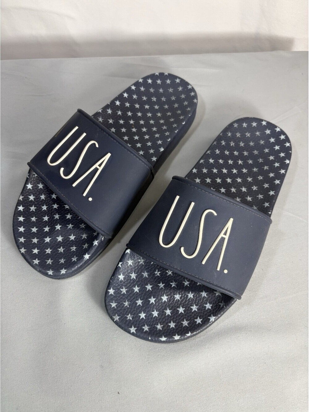 Rae Dunn USA Slides Sandals Navy Blue White Stars Patriotic Size 7 Comfort